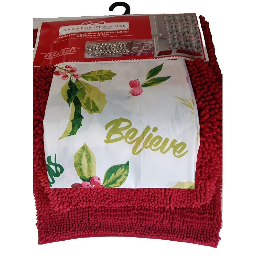 15 Piece Bath Set Christmas Curtain Rugs Hooks Holiday Pretty Berries Decor